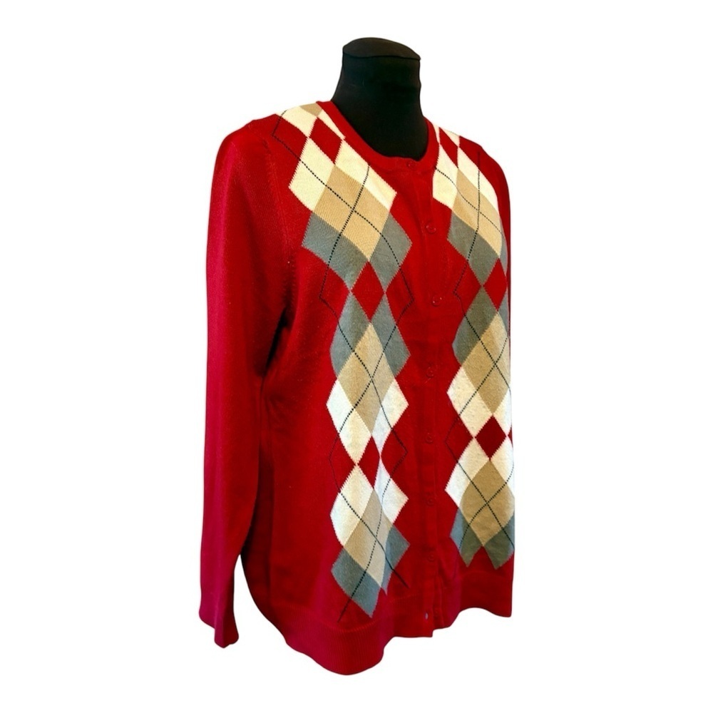 Red Argyle Button Down Cardigan Sweater by Croft & Barrow Womens size Large